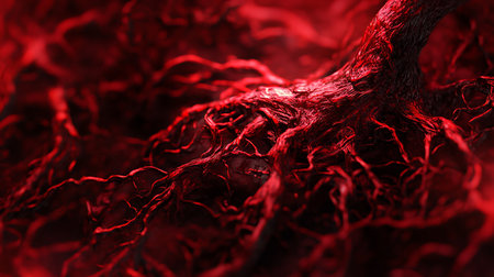 A detailed, macro view of a complex, branching network of deep red blood vessels, showcasing their textured surfaces and interconnected pathways.の素材