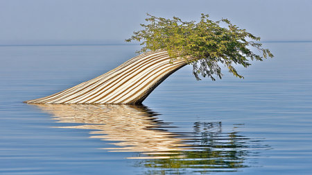 A tree with a striped trunk arches into the water, topped with green foliage, creating a unique and striking natural formation.の素材