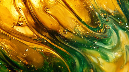 A dynamic, abstract mixture of glossy golden and green fluid, featuring swirling patterns, trapped bubbles, and sparkling glitter.の素材