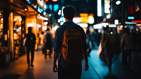 A man, viewed from the back, walks forward. He wears a blue shirt and carries a brown backpack. The scene is set in a city at night.の素材