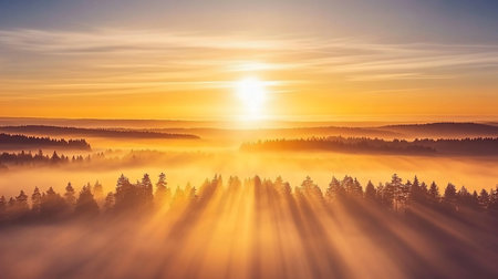 A dense forest shrouded in mist, illuminated by golden sunlight streaming through the trees during sunrise.の素材