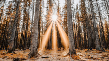 Tall, textured pine trees stand in a dense forest, with bright sunbeams dramatically piercing through the canopy, illuminating the forest floor.の素材