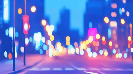 A dreamy, out-of-focus cityscape at night, featuring vibrant bokeh lights. The scene is bathed in cool blue and purple tones, with glowing orbs suggesting traffic and buildings.の素材