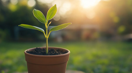 Small plant with vibrant green leaves growing in dark soil inside a brown terracotta pot.の素材