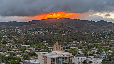 A mountain range is illuminated by a vibrant orange sunset, contrasted by dark, ominous clouds. The scene is a dramatic display of nature's power.の素材