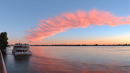 A white two-story passenger boat with people on the deck is sailing on the water during a colorful sunset.の素材