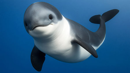 Close-up of a porpoise with smooth, sleek skin, dark grey on top and white underneath, swimming gracefully. Small dark eyes and a gentle expression.の素材