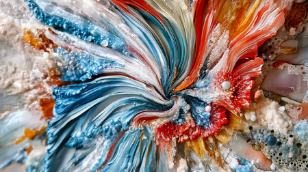 Intricate three-dimensional artwork with layered, flowing shapes and varied textures. Features glossy, rippled surfaces alongside granular, bubbly elements in vibrant blues, reds, and oranges.の素材