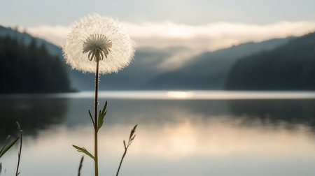 A close-up of a dandelion seed head, showcasing its delicate, fluffy texture. The stem is slender, with small green leaves. The seed head is backlit, creating a glowing effect.の素材