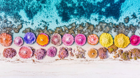 A vibrant array of colorful coral formations lines a white sandy beach, viewed from above, showcasing diverse textures and hues.の素材