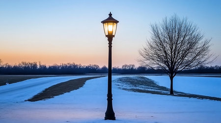 Ornate black street lamp with a glowing light, featuring a decorative base and a classic lantern design.の素材
