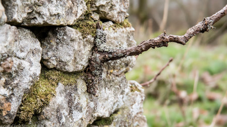 A weathered, gnarled branch with lichen and moss clings to a rough, textured stone wall, showcasing natural growth and decay.の素材