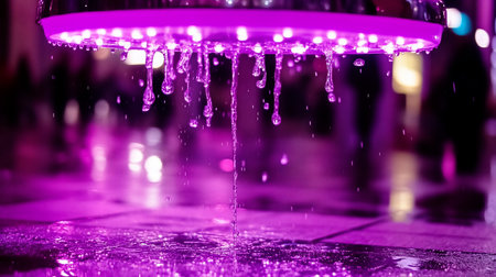Detailed view of a circular, chrome showerhead with bright purple LED lights, actively releasing shimmering water droplets and streams.の素材