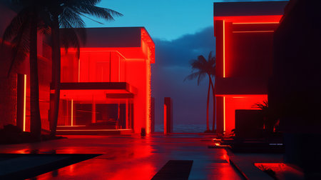 Contemporary buildings with striking red neon lighting, reflecting on wet surfaces. Features sleek lines, glass, and palm trees.の素材