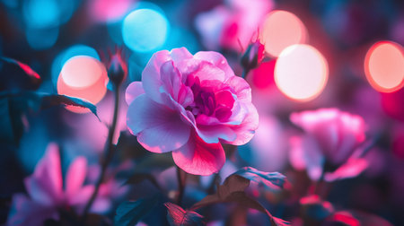 A close-up of a pink rose with multiple layers of delicate petals, showcasing a vibrant color palette. The rose is in full bloom.の素材