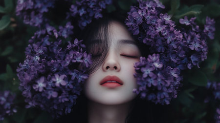A woman's face, framed by vibrant purple lilac blossoms, eyes closed, soft skin, and red lips, creating a serene atmosphere.の素材