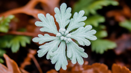 A close-up of a silver artemisia plant, showcasing its textured, lobed leaves and soft, muted color.の素材