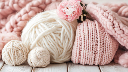 Assorted yarn balls in white and beige, with a pink knitted hat and blanket, accented by a delicate pink flower.の素材