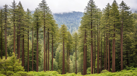 A dense forest scene featuring tall, slender redwood trees with reddish-brown bark and vibrant green foliage, under a cloudy sky.の素材