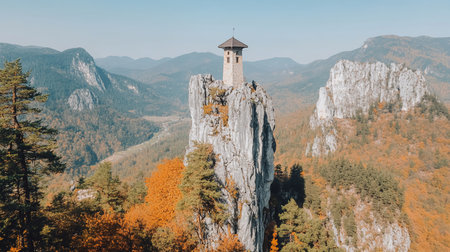 Sturdy stone tower with a dark, pointed roof and cross, featuring small windows. Built from textured stone blocks, it stands on a jagged grey rock pinnacle.の素材