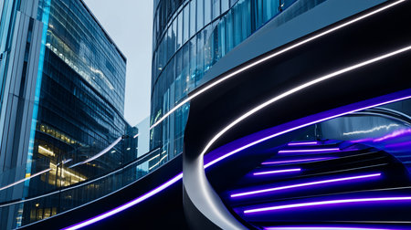 A contemporary architectural design featuring a curved staircase illuminated by vibrant neon purple and white lights, set against a backdrop of glass skyscrapers.の素材