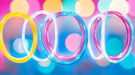 A series of intertwined, luminous rings made of a coiled, translucent material in vibrant yellow, white, cyan, and magenta colors.の素材
