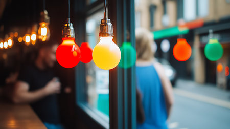 Three brightly glowing, spherical light bulbs in red, yellow, and green, suspended by black wires with metallic bases.の素材