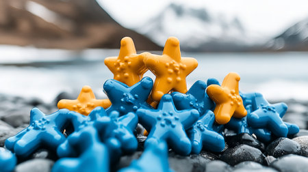 Group of blue and yellow starfish toys with glossy finish, arranged on a bed of dark pebbles. Some starfish are stacked.の素材