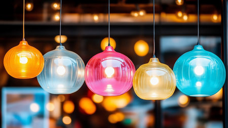 A row of five distinctively colored, ribbed glass pendant lamps, each emitting a bright, warm light from within its unique hue.の素材