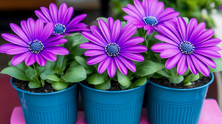 Close-up of vibrant purple African daisy flowers with dark blue centers, planted in teal-colored pots, surrounded by green leaves.の素材