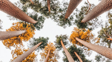 A low-angle shot of tall trees with textured bark, some with green foliage and others with golden autumnal leaves, against a bright sky.の素材