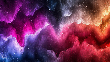 A vibrant abstract composition featuring swirling clouds of color, speckled with tiny white particles, creating a cosmic effect. The colors transition from deep purples to fiery reds.の素材