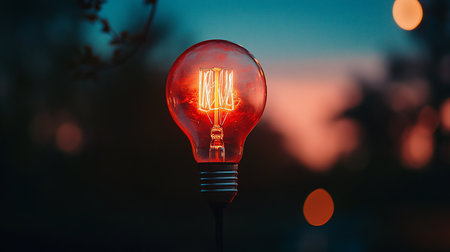 Close-up of a vintage incandescent light bulb, clear glass glowing vibrant red-orange. Intricate, glowing filament clearly visible inside. Features a metallic screw-in base.の素材