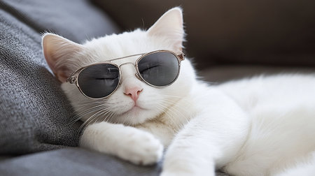 A fluffy white cat with a pink nose and long whiskers is wearing dark aviator sunglasses, appearing relaxed and content.の素材