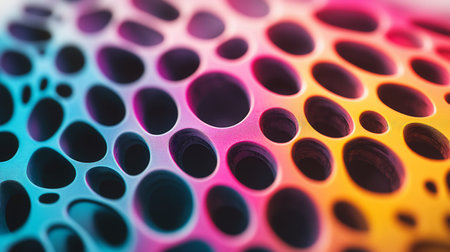 Close-up of a perforated surface featuring a gradient from blue to yellow, revealing a layered construction with circular openings.の素材