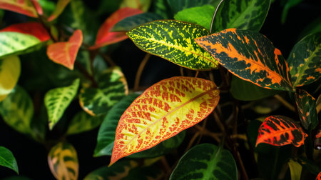 Detailed view of vibrant Croton leaves, displaying glossy surfaces and intricate patterns of green, yellow, orange, and red variegation.の素材