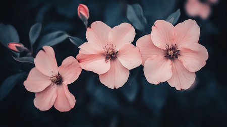 Three soft pink flowers with detailed petals and textured centers are displayed. The flowers are in full bloom, showcasing their delicate structure.の素材