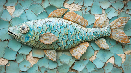 A ceramic fish sculpture with turquoise scales, orange fins, and a detailed eye. The fish is in a horizontal position.の素材