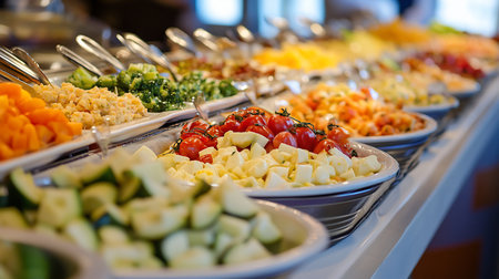 A buffet featuring various fresh salads and food options, including tomatoes, cheese, and other vegetables. The food is arranged in bowls.の素材