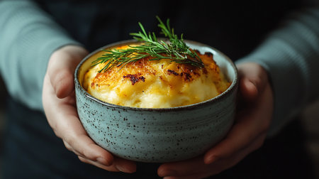 A bowl of creamy potato gratin with a golden-brown crust, garnished with fresh rosemary. The bowl is ceramic.の素材