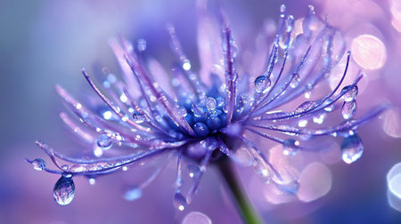 A macro photograph of a spiky purple flower head, its delicate filaments and central buds covered in glistening, clear water droplets reflecting light.の素材