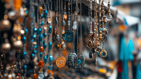 A collection of necklaces hanging, showcasing intricate designs. The necklaces feature various pendants, including gemstones, and are made of different metals.の素材