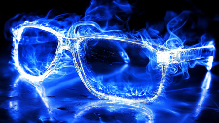 Stylish eyeglasses intensely glowing with vibrant blue flames and electric energy, creating a dynamic, futuristic visual effect.の素材