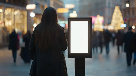 A rectangular advertising sign with a bright white display, framed in black, standing on a black post on a busy city street.の素材