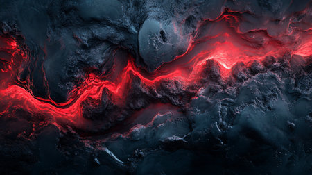 A dramatic abstract landscape featuring a glowing red river of lava flowing through dark, rugged, and highly textured volcanic rock formations.の素材