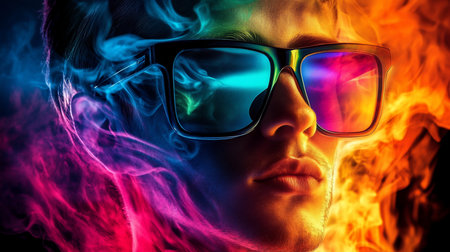 Close-up portrait of a man's face wearing thick-rimmed sunglasses with colorful, reflective lenses, surrounded by swirling neon-colored smoke and fiery orange hues.の素材