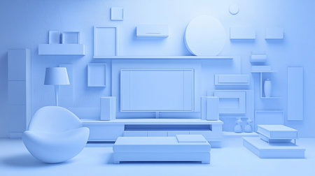 A monochromatic living room scene featuring a sleek armchair, television console, coffee table, and decorative shelves with various objects.の素材