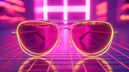 Stylish aviator sunglasses with a thin metal frame, reflective pink lenses, and a vibrant, glowing yellow neon light outlining the rims.の素材