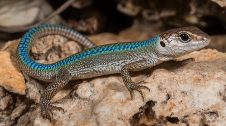 A detailed close-up of a small lizard with intricate scales, showcasing a striking blue and green pattern along its back and tail, resting on a rough, textured rock surface.の素材