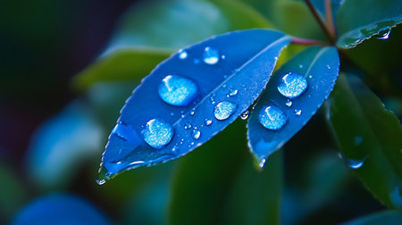 A macro view of vibrant blue leaves holding glistening, spherical water droplets, creating a sparkling, wet texture on the smooth foliage surface.の素材